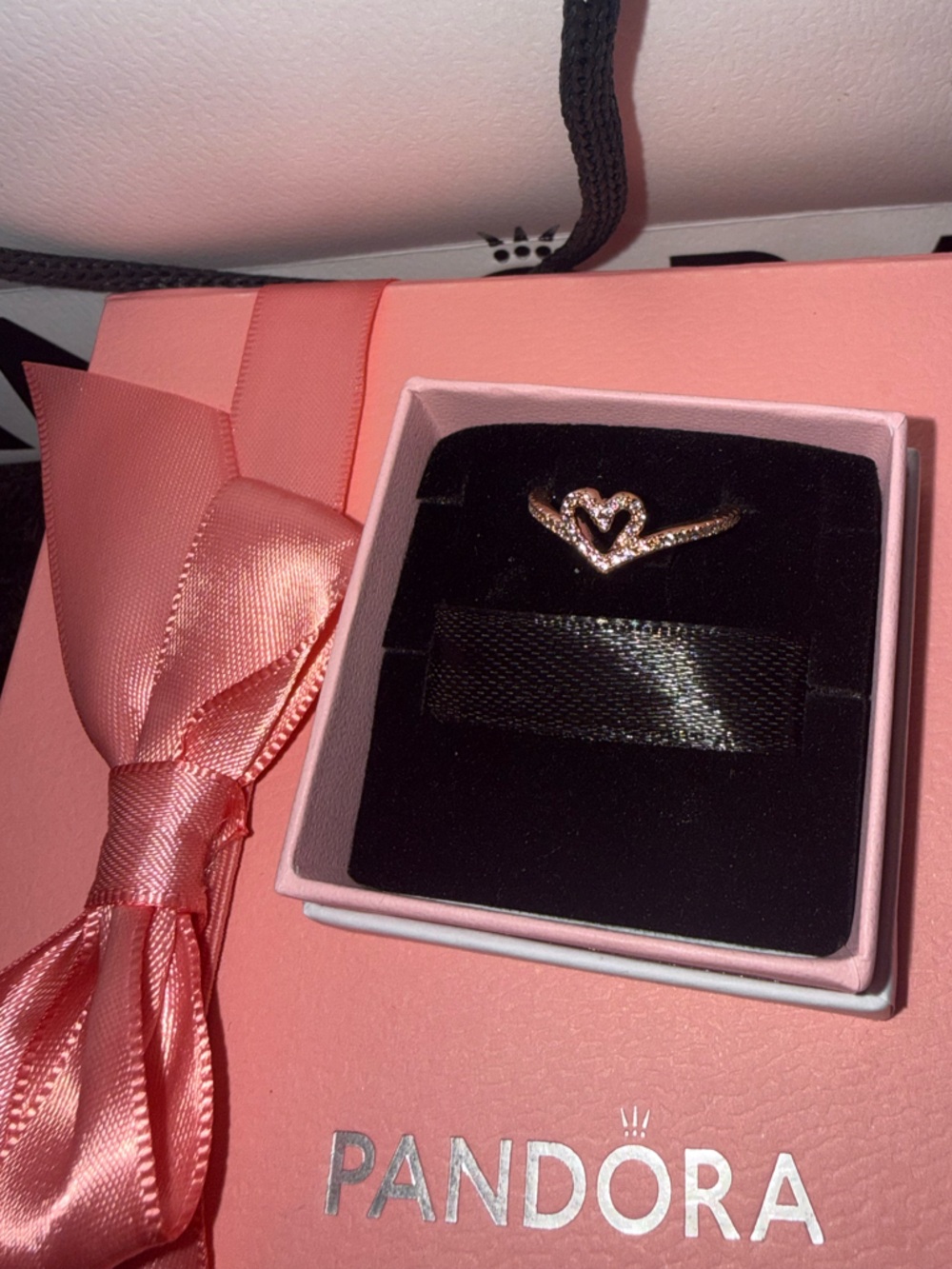 Pandora Sparkling Wishbone Heart Ring in Rose Gold size 5